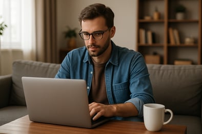 photographic hombre utilizando su computadora en una sala con un caf a lado-1